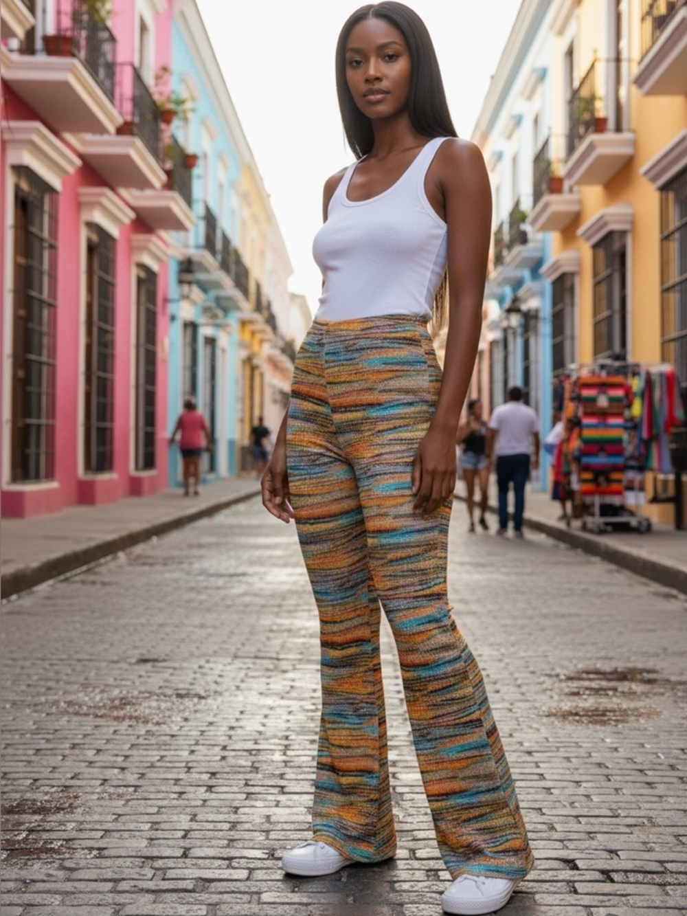 Multicolor Striped Knit Flare Boho Pants xxl